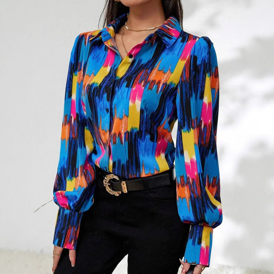 Womens Fashion Printed Lantern Sleeve Colorblock Loose Top