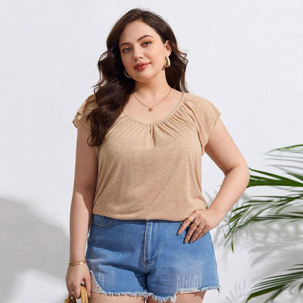 Khaki Pleated Raglan Short-Sleeve Top – Casual & Comfortable