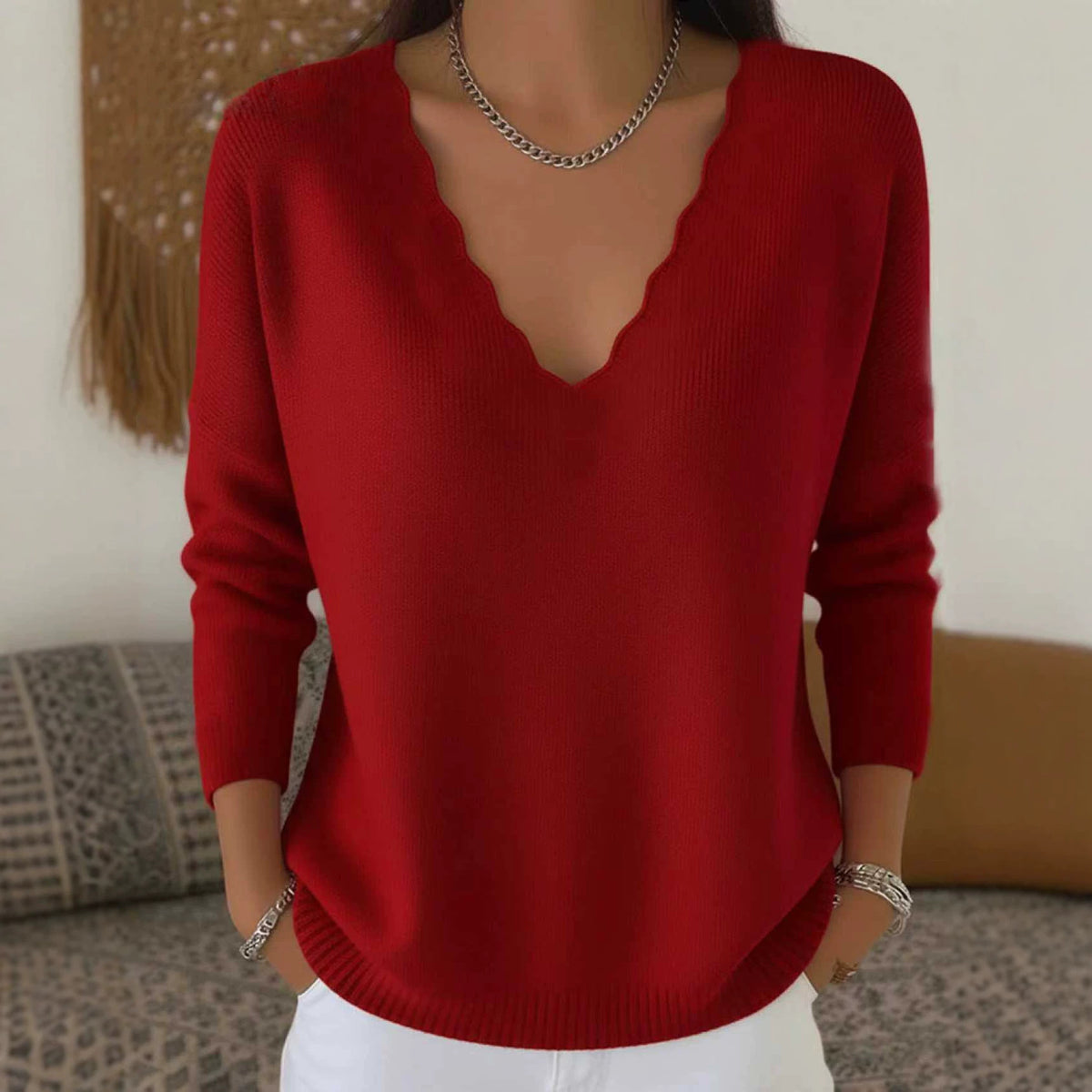 Solid-color Casual Knitted V-neck Loose Sweater
