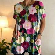 Floral Print Short Sleeve Tunic Top with Pockets