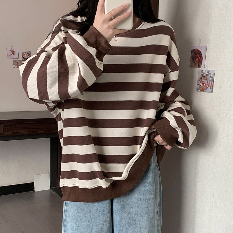 Retro Striped Crew Neck Casual Sweatshirt for Women