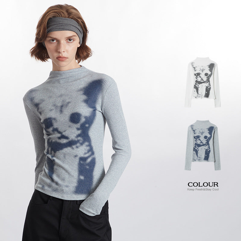Chic Plaid Cat Print Long Sleeve Pullover