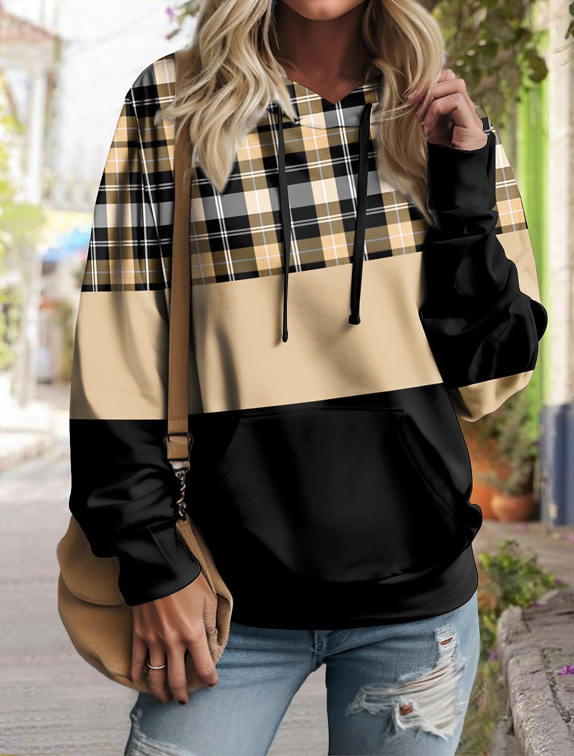 Women's Plaid Color Block Pullover Hoodie
