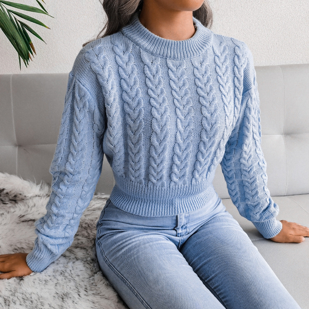European and American-style Cabled Waist-cinching Cropped Knit Sweater