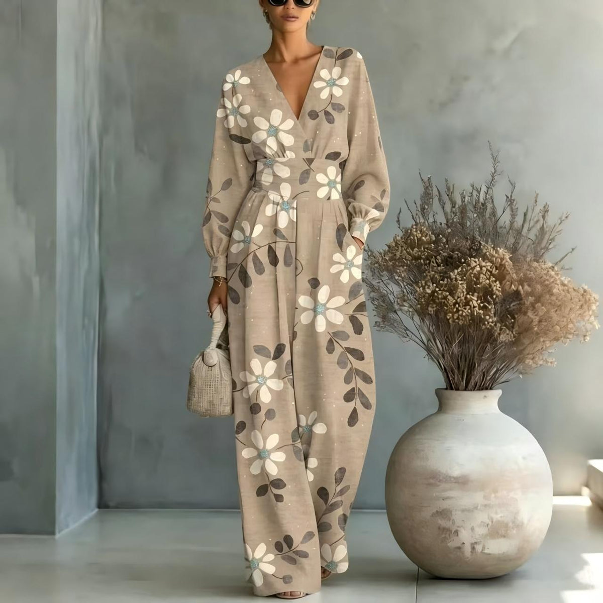 V-neck Long-sleeve Womens Printed Jumpsuit
