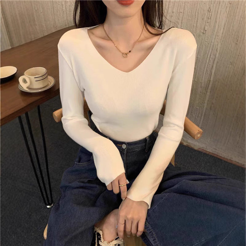 Core-spun Yarn Slim V-neck Long Sleeve Inner Wear Sweater