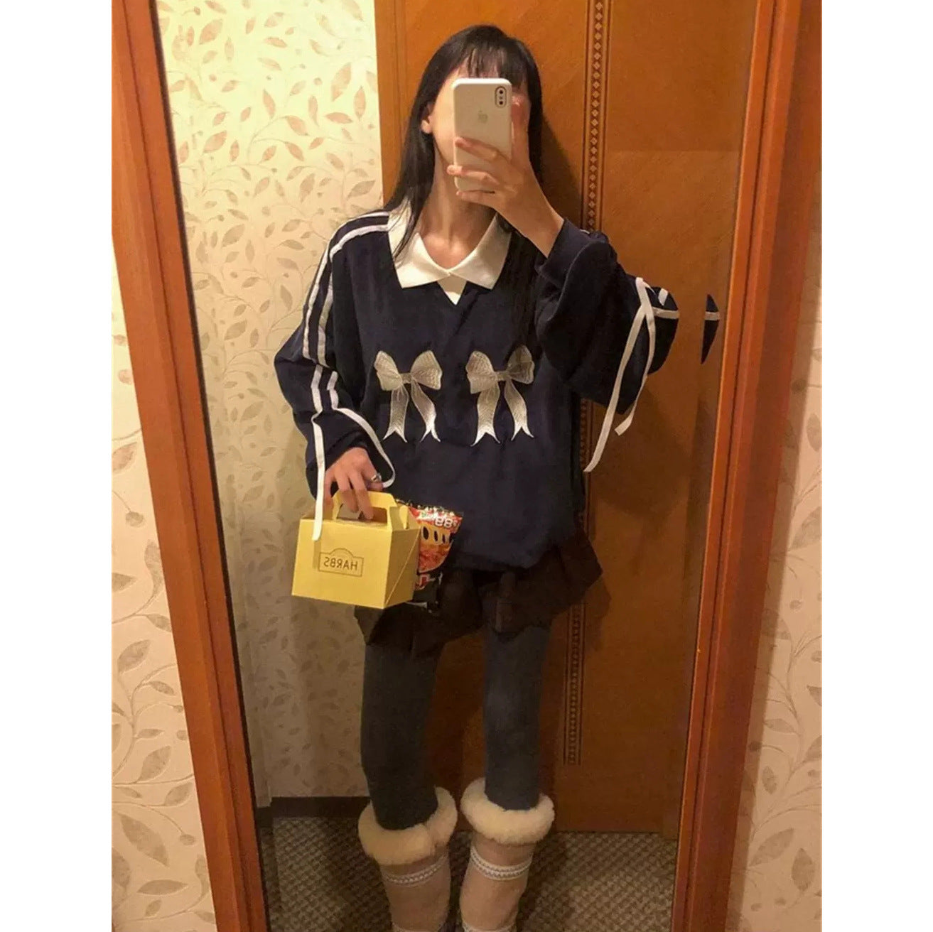 Retro Bow Embroidered Striped Contrast Knit Sweater