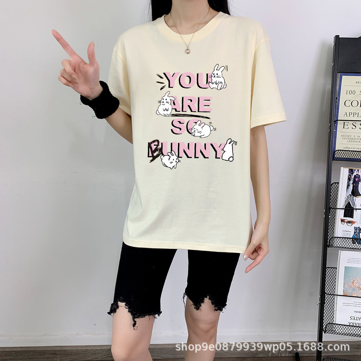 Cute Rabbit Print Cotton Short Sleeve Tee
