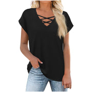 Crisscross V-Neck Dolman Sleeve Loose T-Shirt