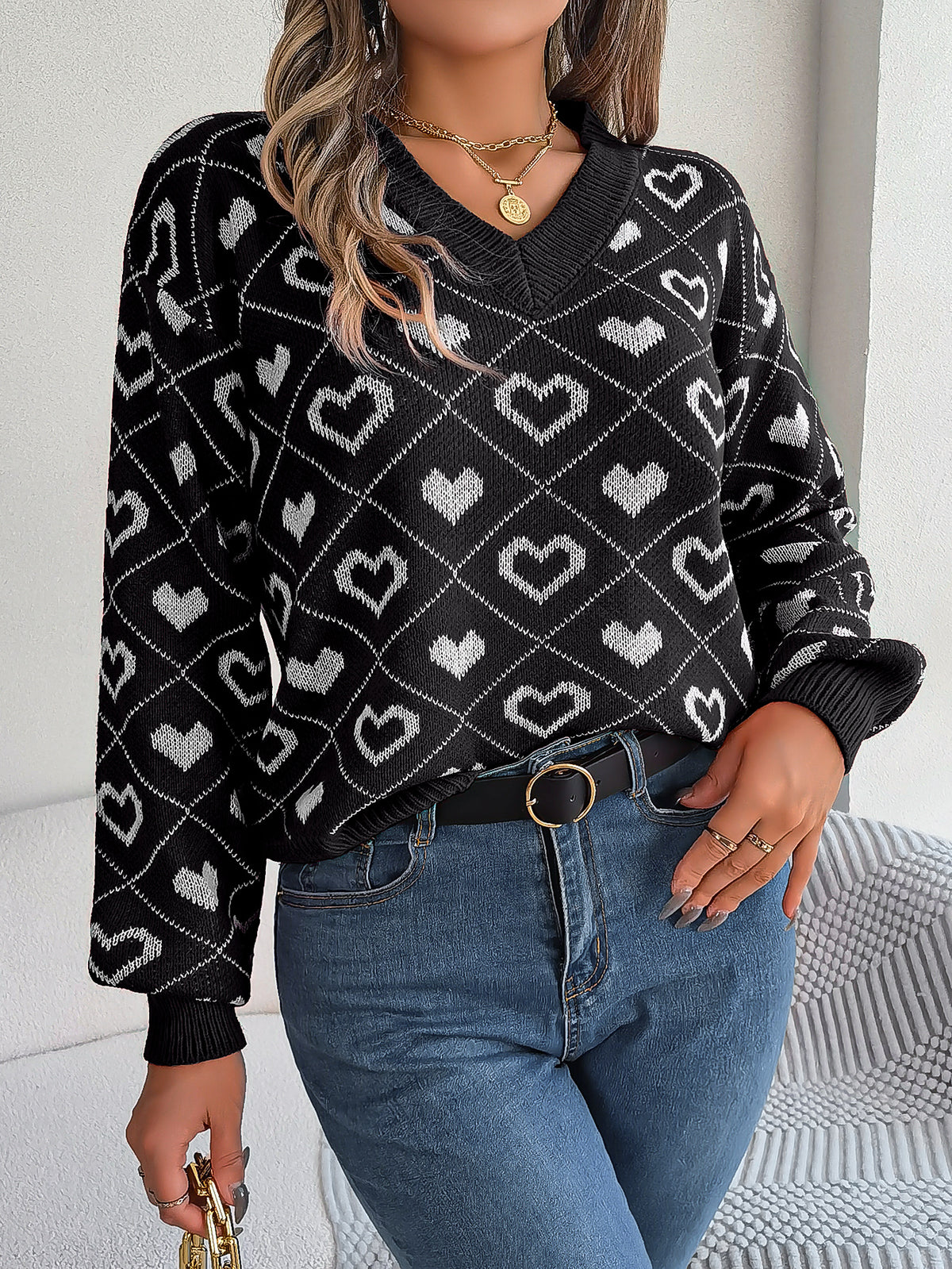 Women Sweet Color Block Heart Lantern Sleeve Pullover Sweater