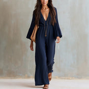 Womens Long-sleeve V-neck Bohemian-style Elastic-waist Jumpsuit