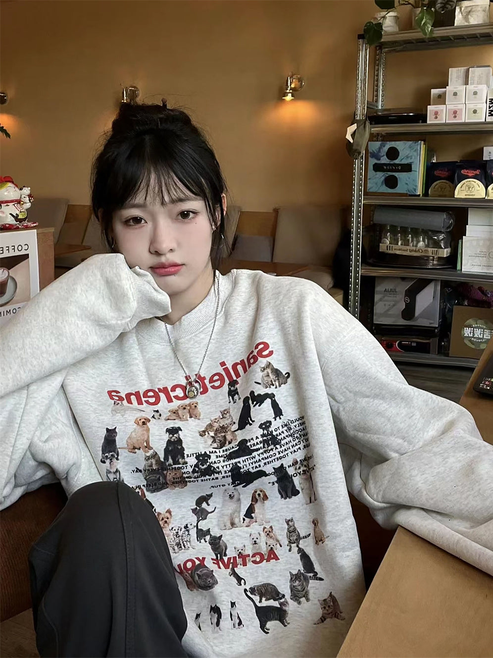 Retro Cartoon Cat Puppy Gray Cotton Crewneck Sweater