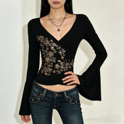 Womens Retro American-Style Printed V-Neck Flare-Sleeve Shirt