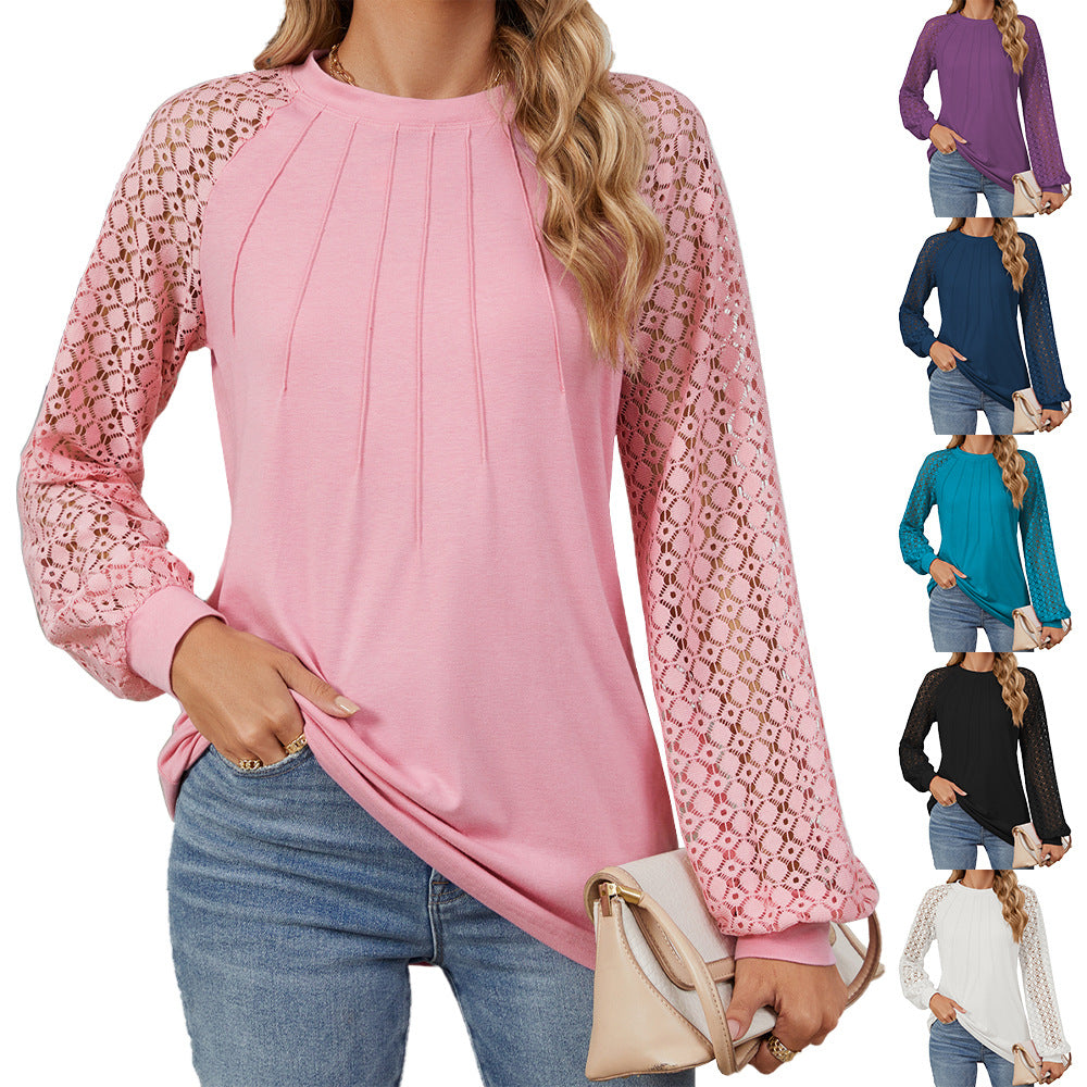 Chic Lace Long Sleeve Round Neck Pullover Top