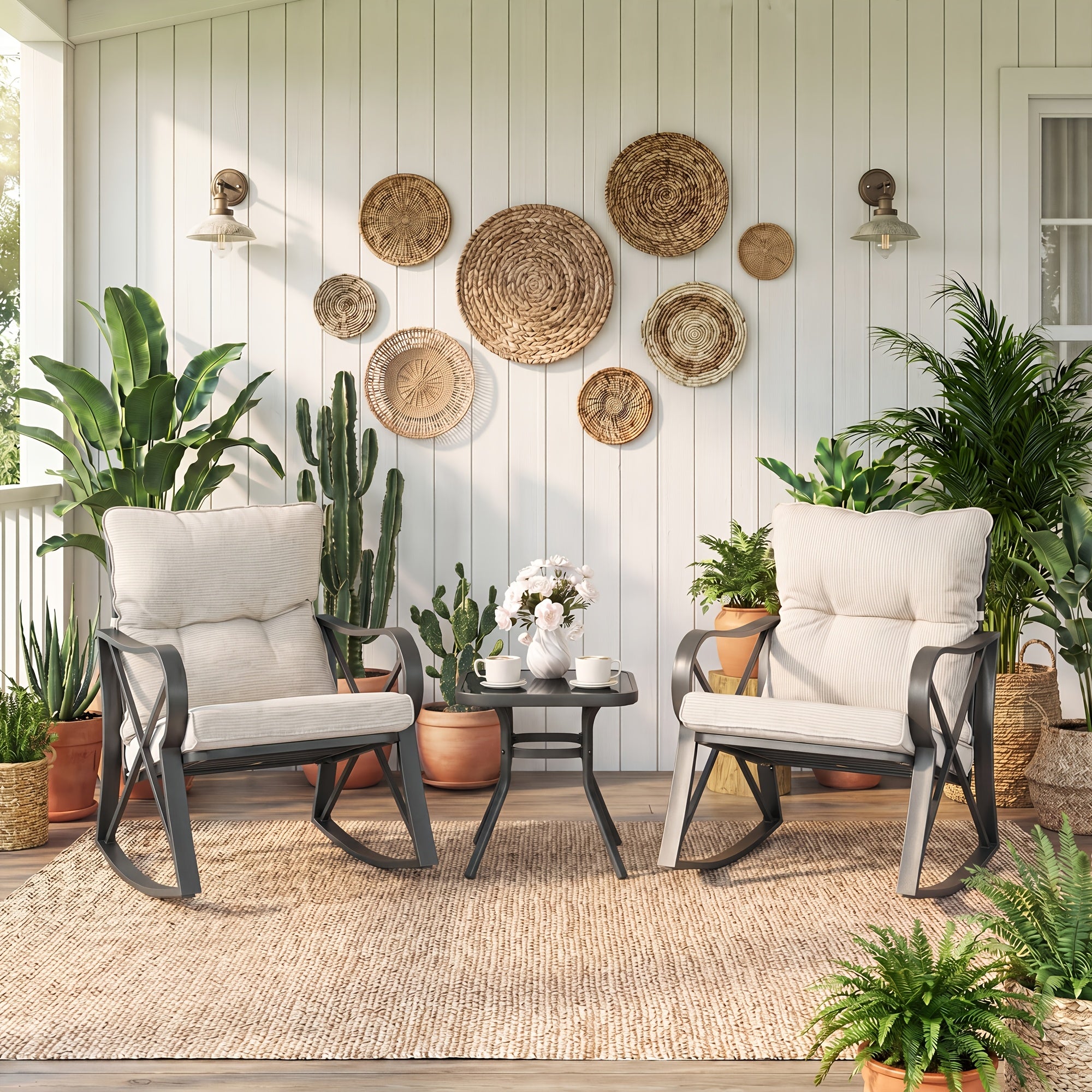 3pcs Outdoor Rocking Chair Set, Heavy Duty 350lbs Capacity Wicker Patio Furniture, 3" Extra Thick Cushioned Bistro Set With Glass Coffee Table, All-Weather Porch Rockers For Garden Set & Balcony, White/Gray/Cream