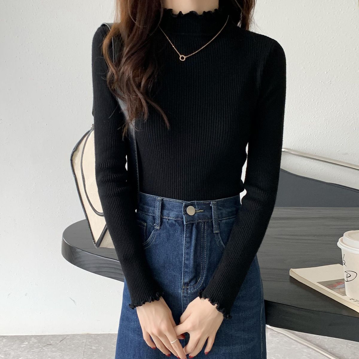 Slim-Fit Mock Neck Long-Sleeve Layering Sweater