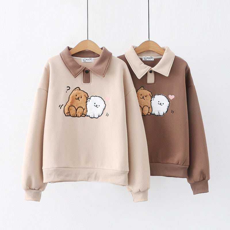 Cute Cartoon Dog Fleece-Lined Pullover Sweater