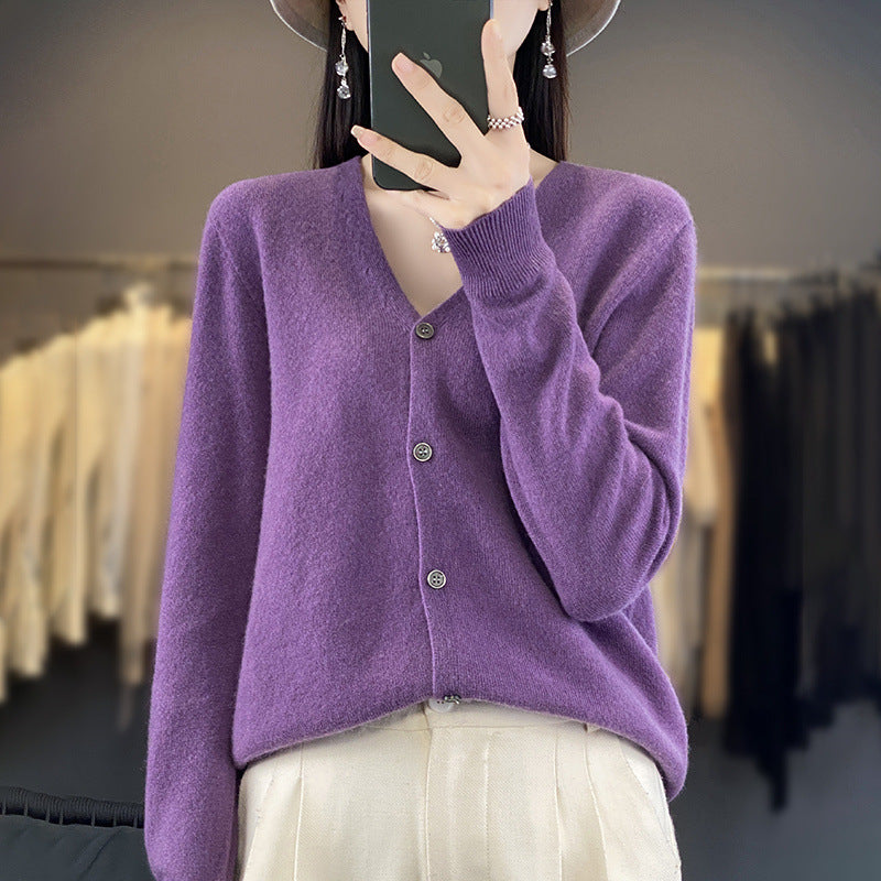 Womens Wool Cardigan Long-sleeve V-neck Sweater Coat