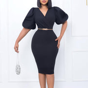Womens Puff-sleeve V-neck Dress