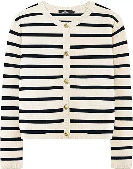 Round Neck Gold Button Cardigan Sweater Striped Knit Jacket Women's Top