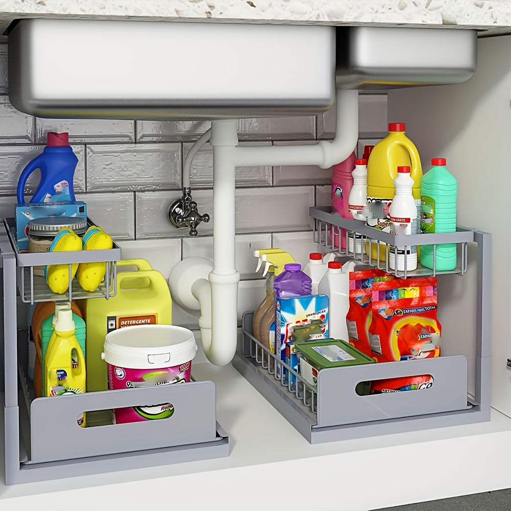 Two-Level Organizers for Under The Sink, Featuring a Sliding Pull-Out Shelf Made of Metal, Ideal for Organizing Kitchen, Bathroom, Pantry, Or Closet Spaces , Under Sink Bathroom Cabinet, Under...