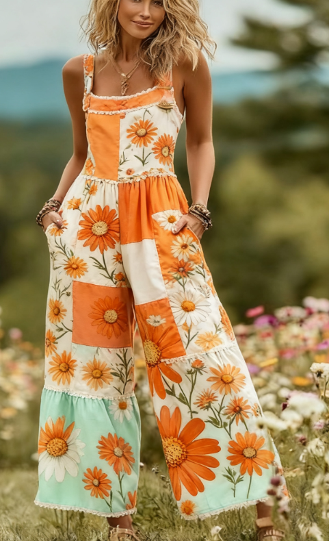 Women's Vintage Retro Print Casual Sleeveless Jumpsuit