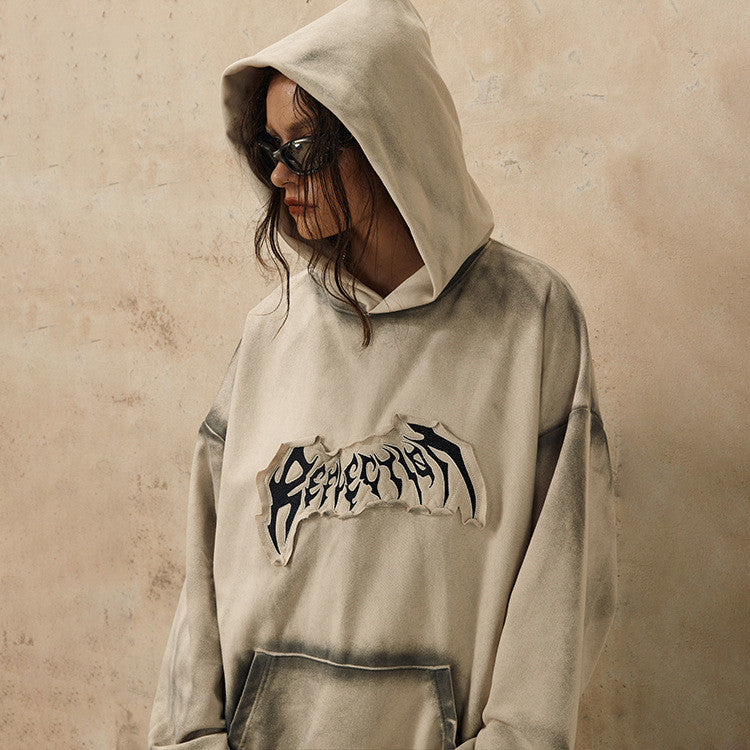 Embroidered Frayed Hem Trendy Streetwear Hoodie