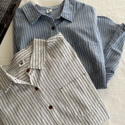 Vertical-striped Long-sleeve Shirt Womens Figure-flattering Versatile Casual Top