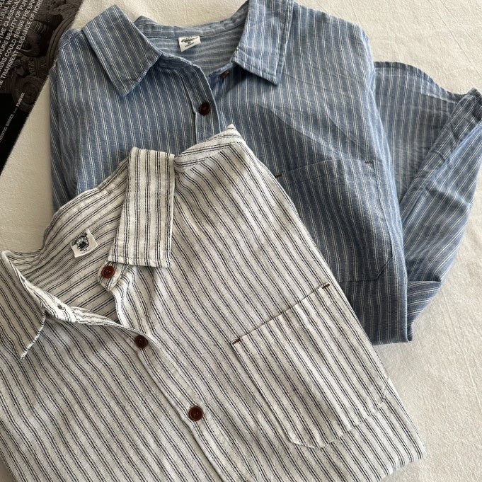 Vertical-striped Long-sleeve Shirt Womens Figure-flattering Versatile Casual Top