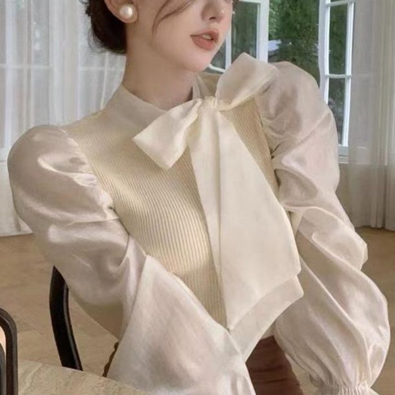 Stand Collar Tie-up Slim-fit Temperament Wild Stitching Shirt