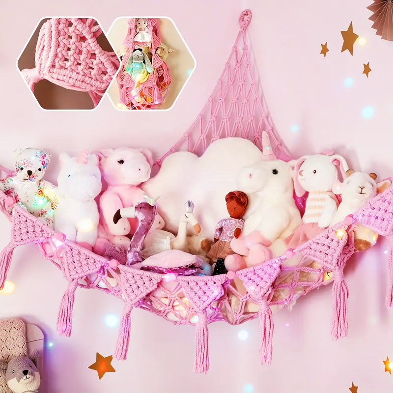 Four‑Color Illuminated Plush Storage Net with Heart‑Shaped Tassels and Hooks