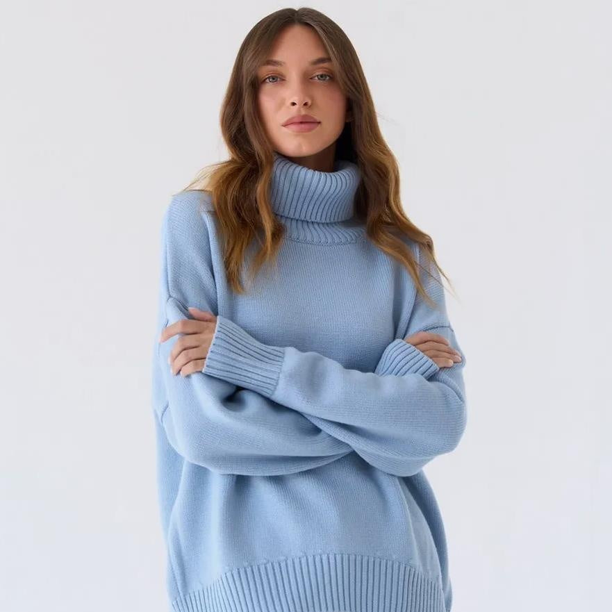 Women's Solid Color Pullover Knitted Sweater with High Neck