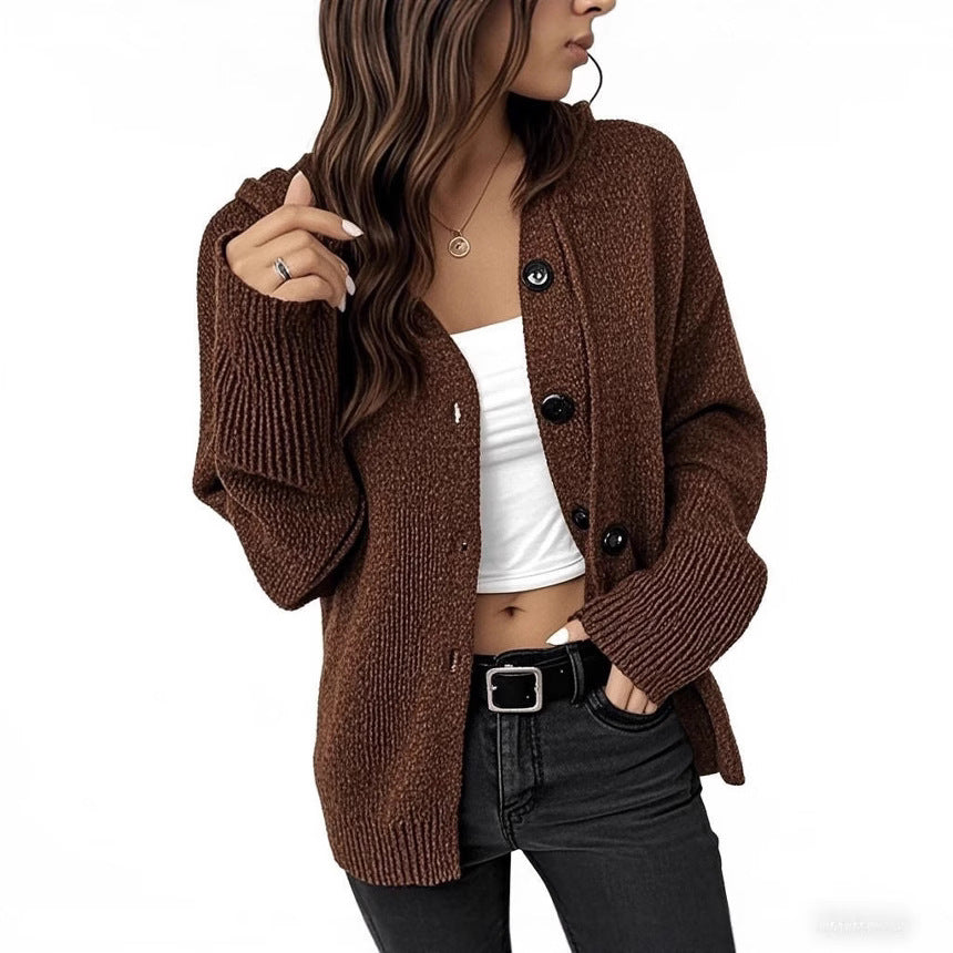 Women's Drawstring Knitted Solid Color Hooded Single-breasted Sweater