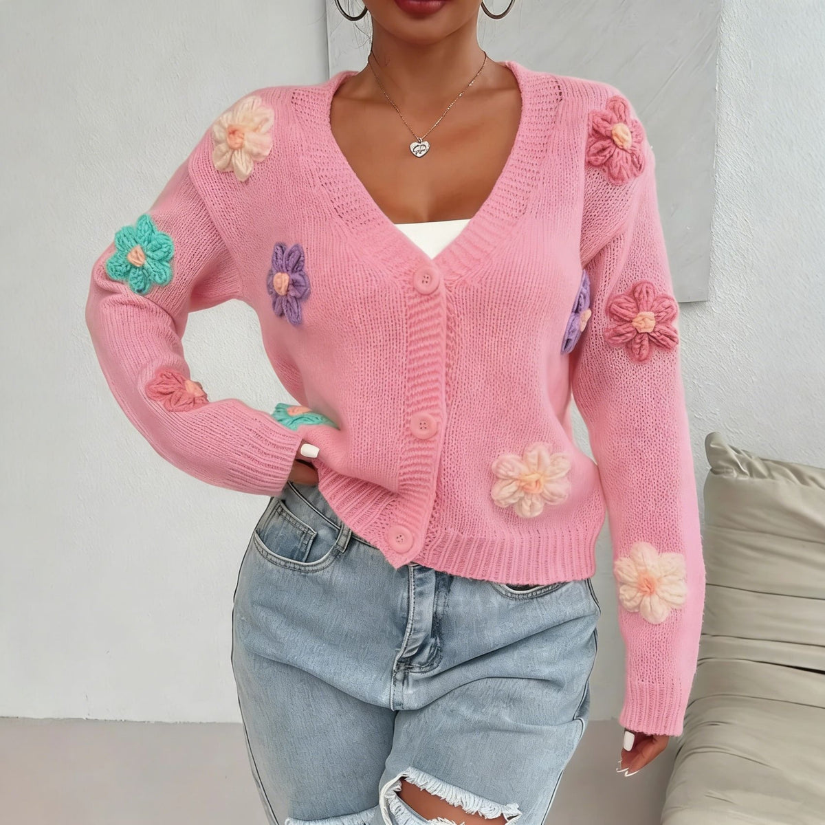 Womens Knitted Cardigan with Three-dimensional Floral Pattern and Hand-embroidered Flowers