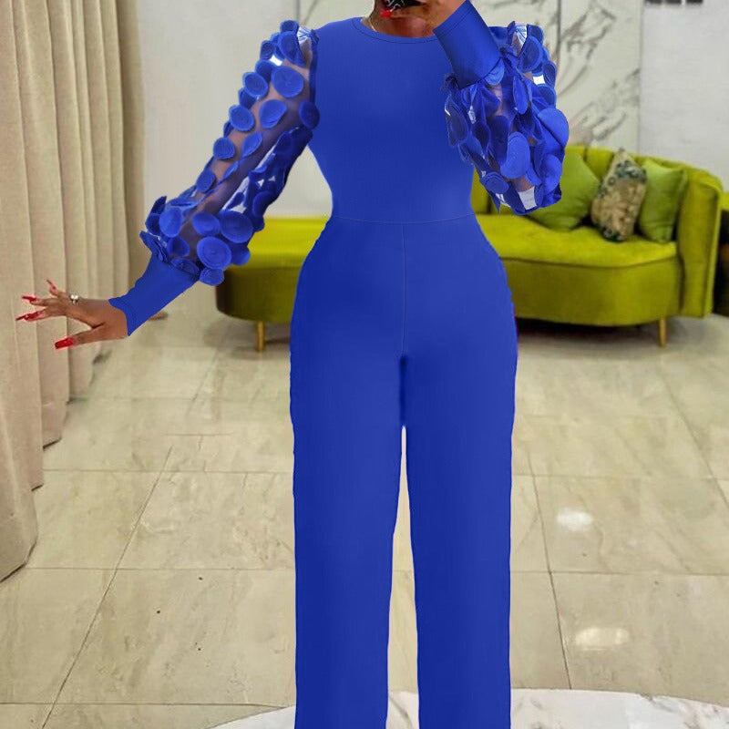 Embroidered Mesh Sleeve Slim Fit Commuter Jumpsuit