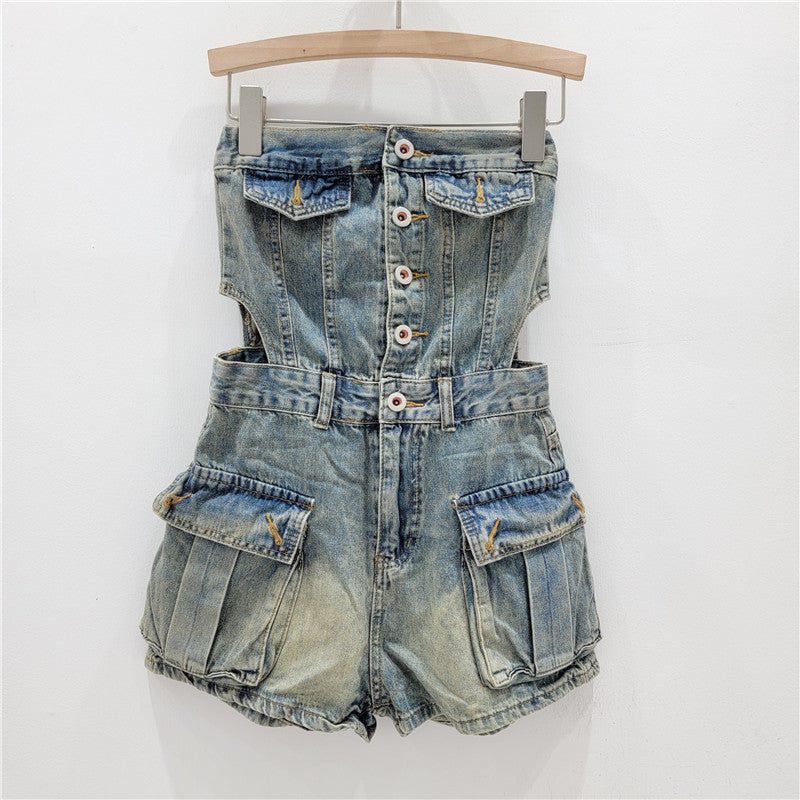 Hot Girl Breasted Hollow-out Midriff Tube Top Cowboy Siamese Shorts For Women