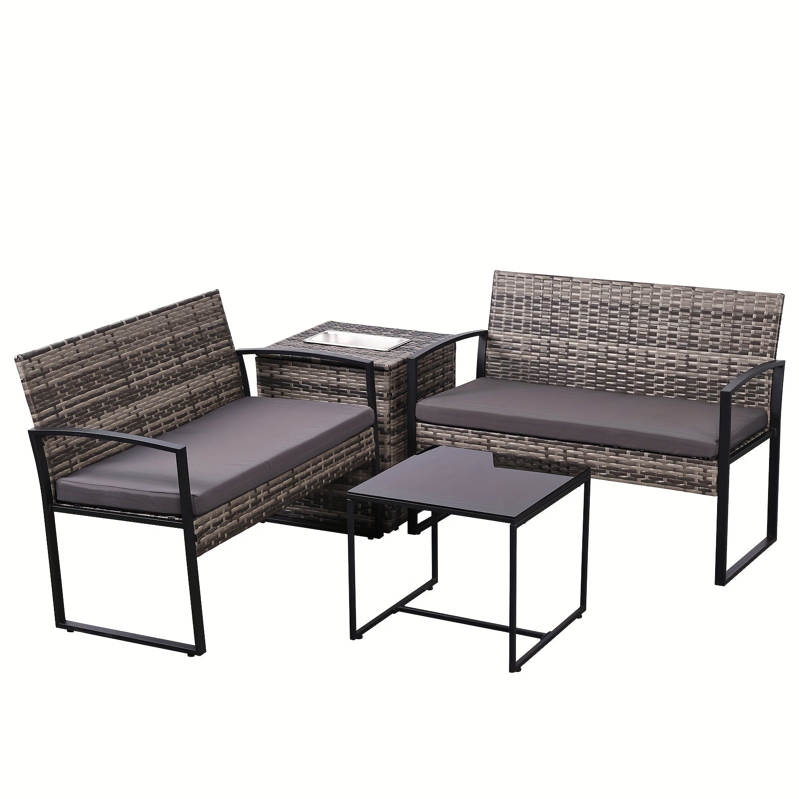 4pcs Outdoor Patio Furniture Set, Wicker Patio Sofa Set with Built-in Ice Bucket Storage Box, Loveseat And Coffee Table, All-Weather Outdoor Conversation Set, Ideal for Garden, Porch, Backyard
