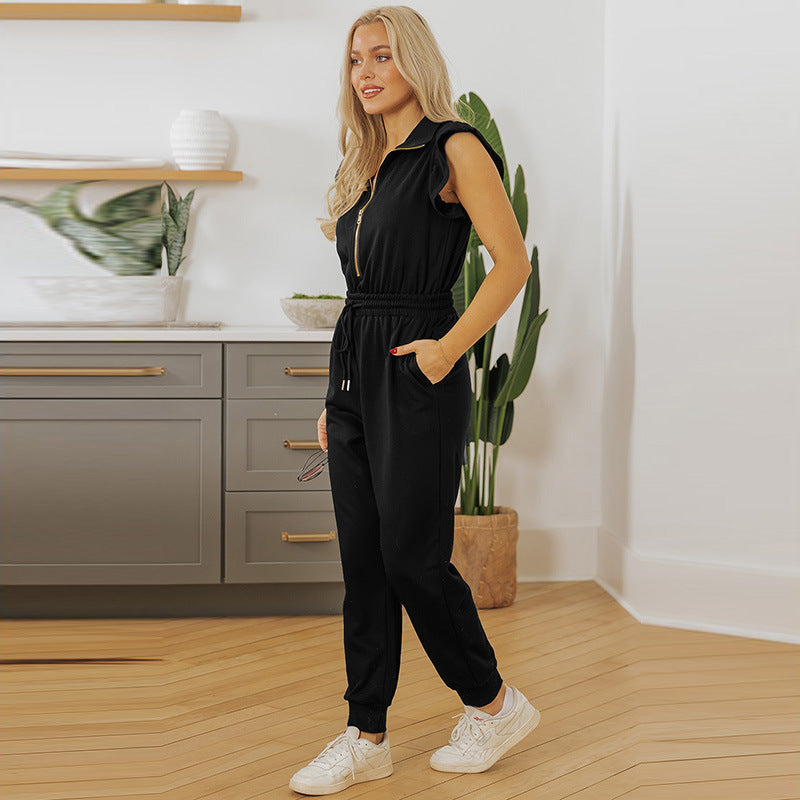Women's Pure Color Casual Versatile High Waist Multi-pocket Jumpsuit