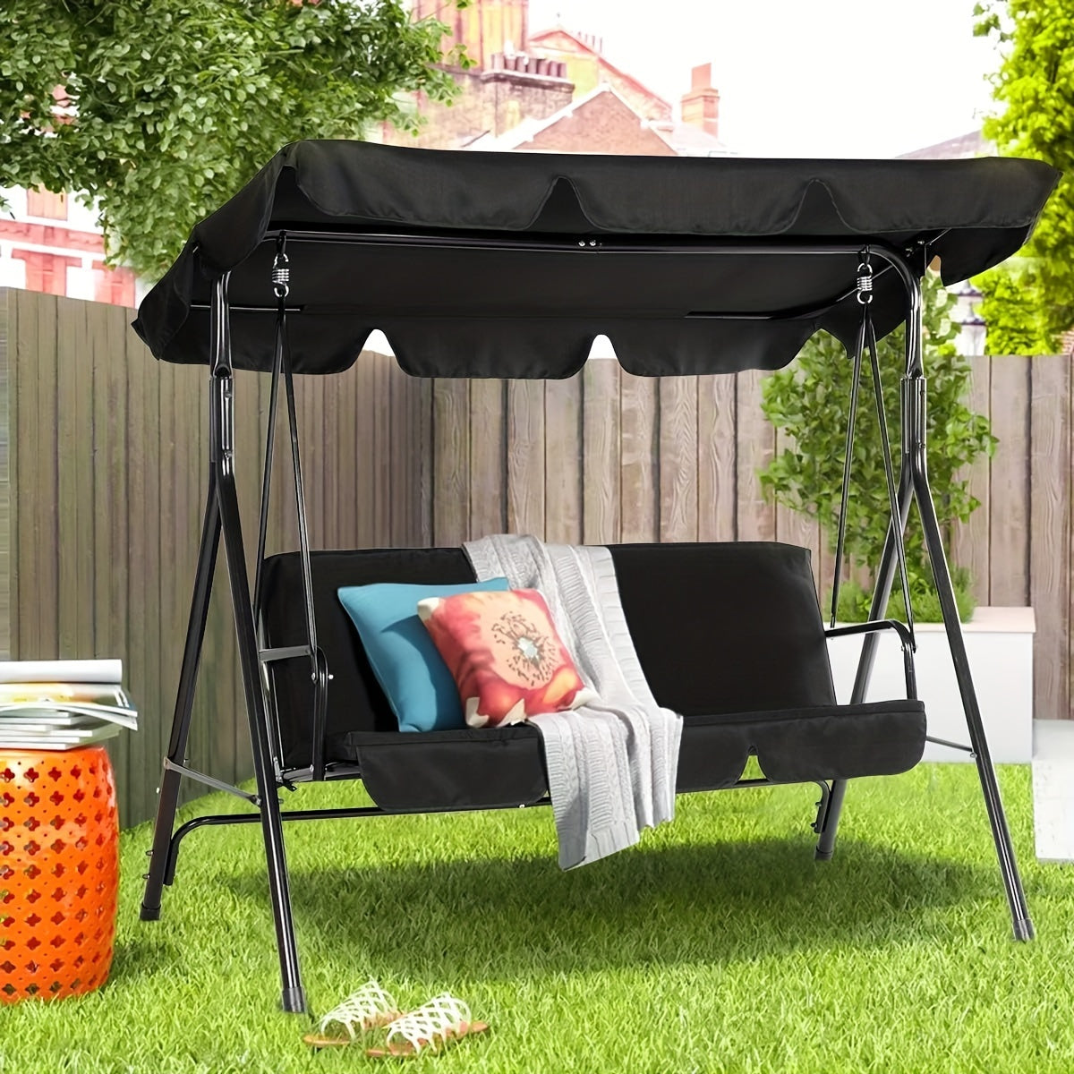 Adult Outdoor Swing Chair, 3-Seat Porch Swing with Adjustable Canopy, Removable Cushion Swing Bench, Ideal for Backyard, Garden, Yard, Poolside, Or Balcony