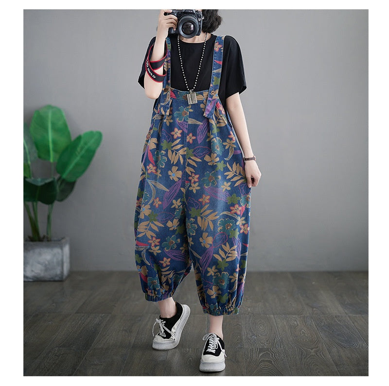 Loose Slimming Slim Fit Printed Cropped Denim Suspender Pants