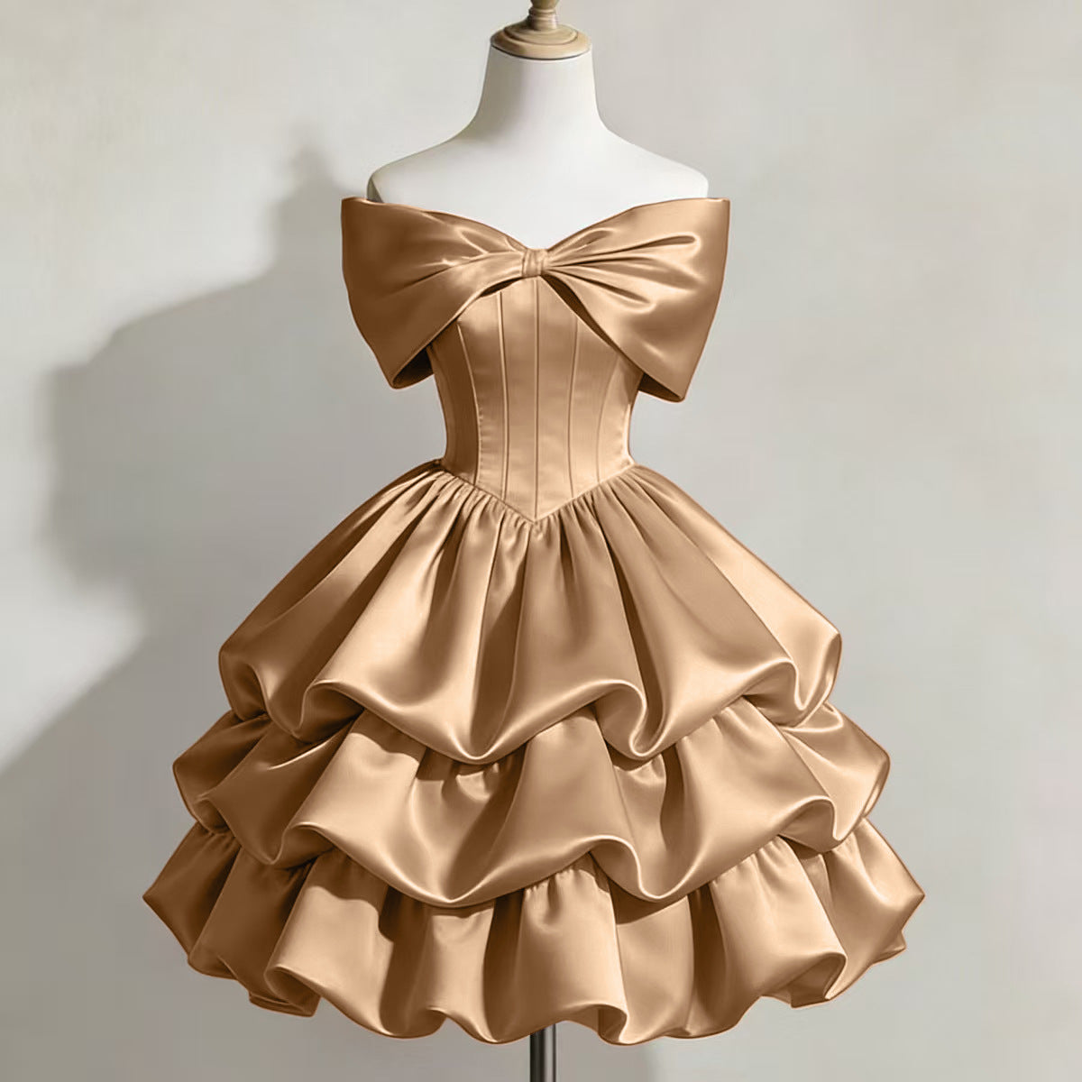 One-shoulder Satin Puff Skirt with a Bow Short-length Waist-cinching Designperfect for Everyday Wear