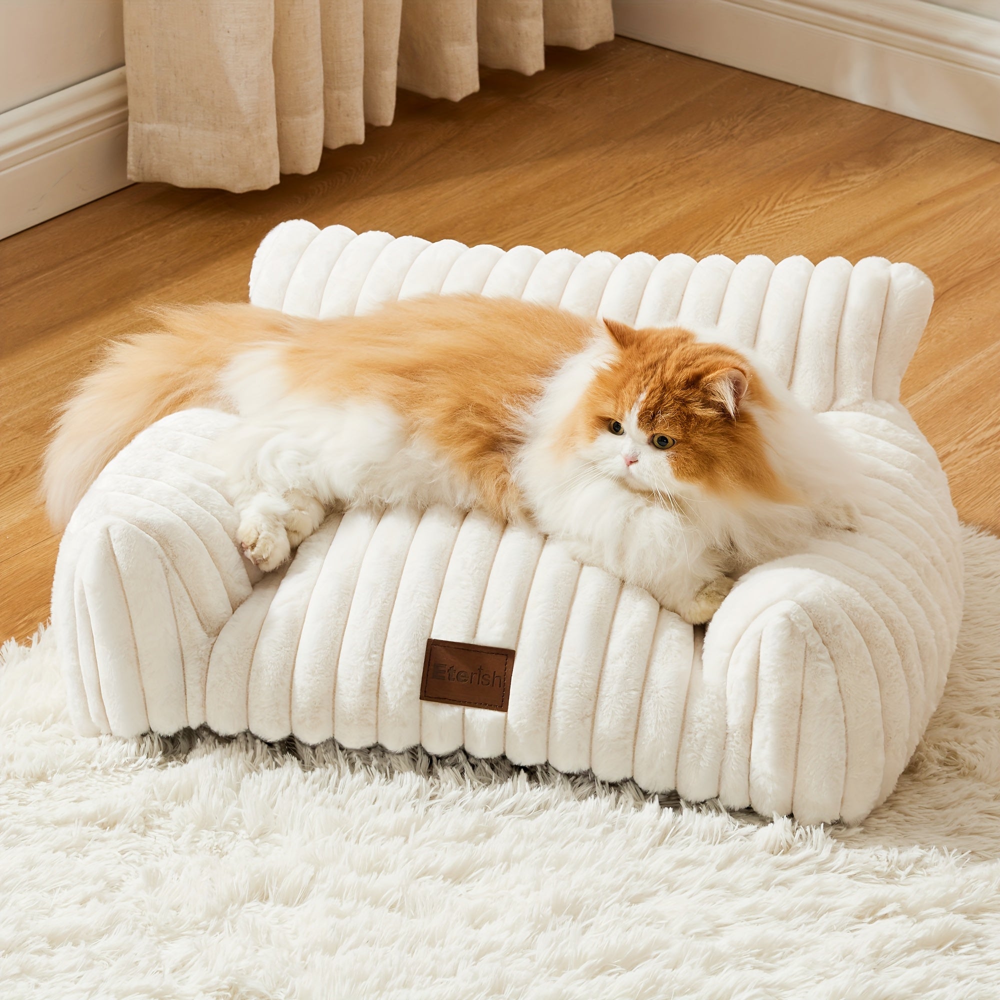 Cute Cat Couch, Fluffy Cat Sofa With Soft Corduroy Fleece, Fuzzy Pet Couch With Removable Washable Cover, Supportive Pet Sofa With Non-slip Bottom Dog Sofa Bed