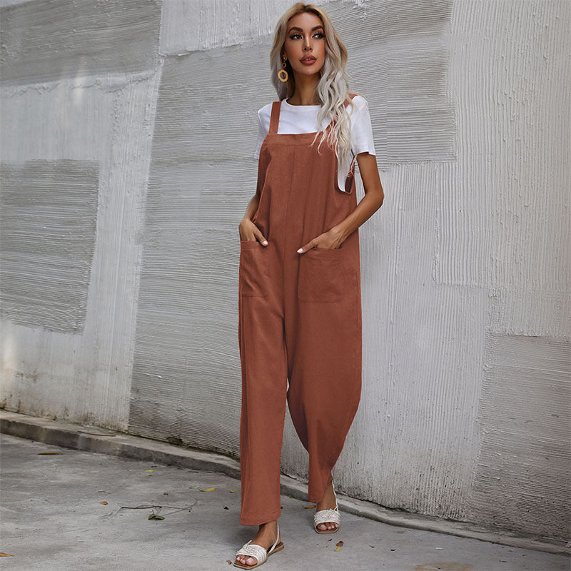 European And American Style Casual Simple Pocketed Sleeveless Suspender Jumpsuit