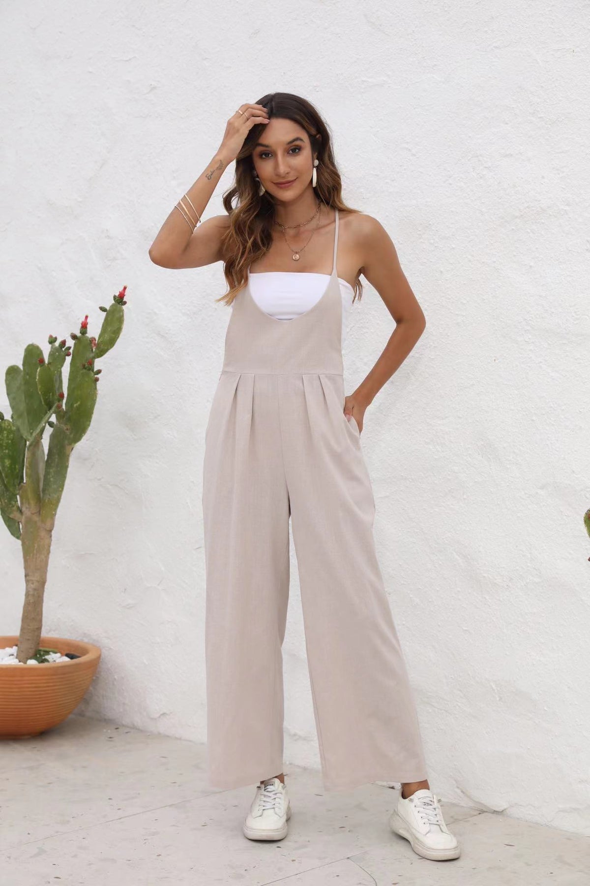 Women's Casual Cotton Linen Solid Sleeveless Jumpsuit
