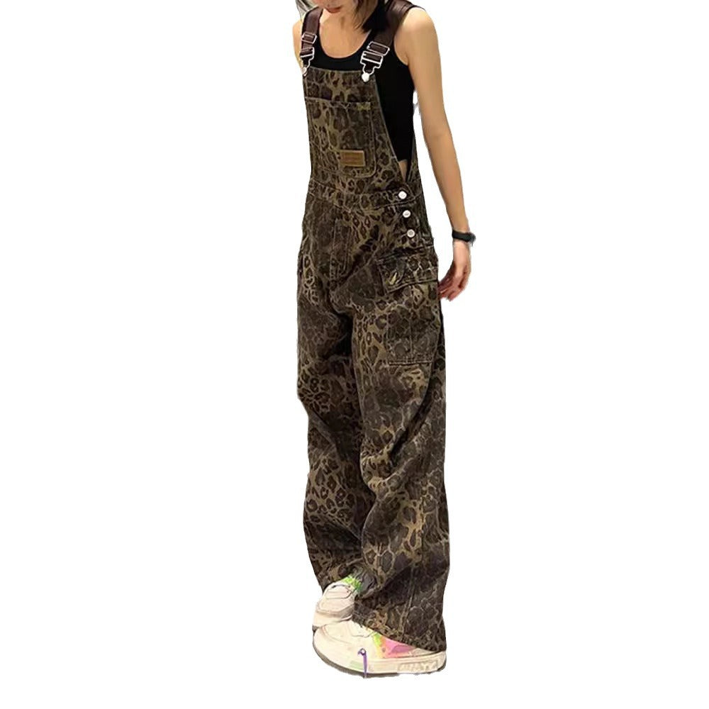 Retro Leopard-Print Denim Overalls For Women