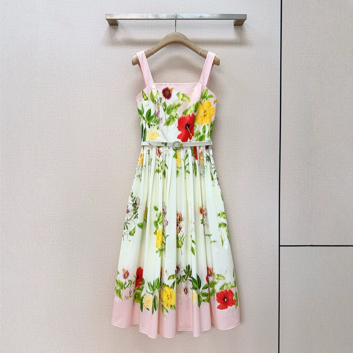 Pleated Wide-skirt Cotton Slip Dress for Women