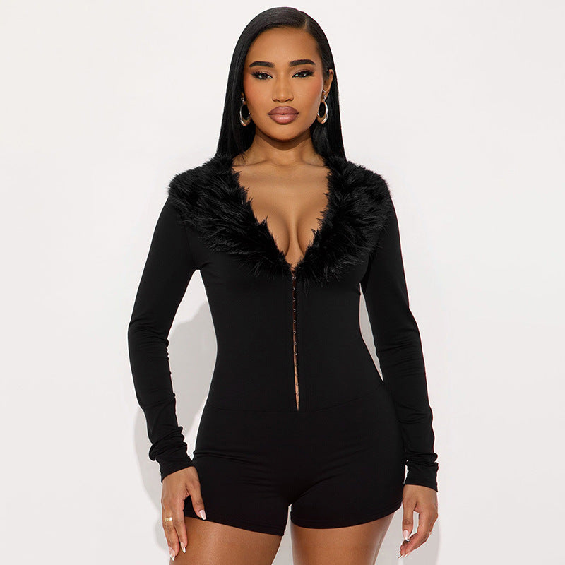 Black Faux Fur-Trimmed Long-Sleeve Bodysuit