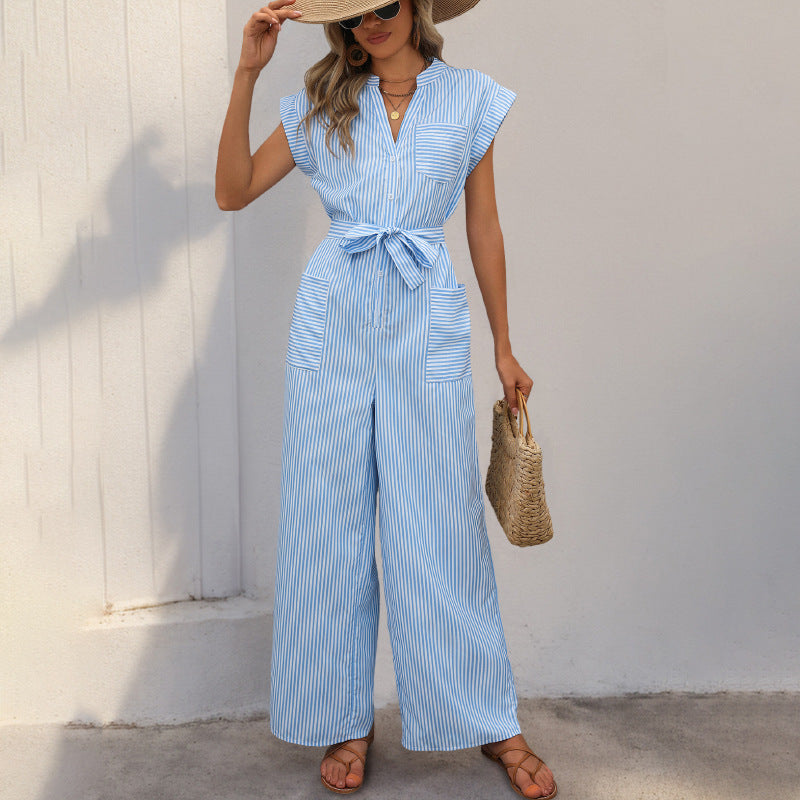 Blue & White Striped V-Neck Casual Wide-Leg Jumpsuit