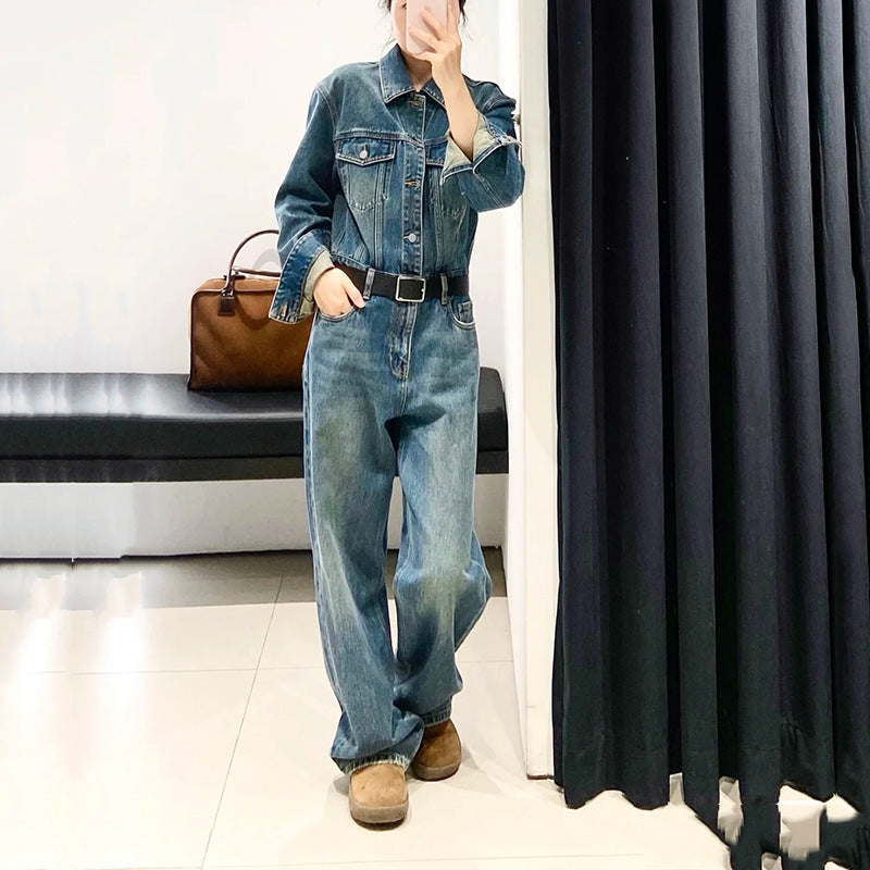 Vintage Washed Cotton High-Waist Straight-Leg Jumpsuit