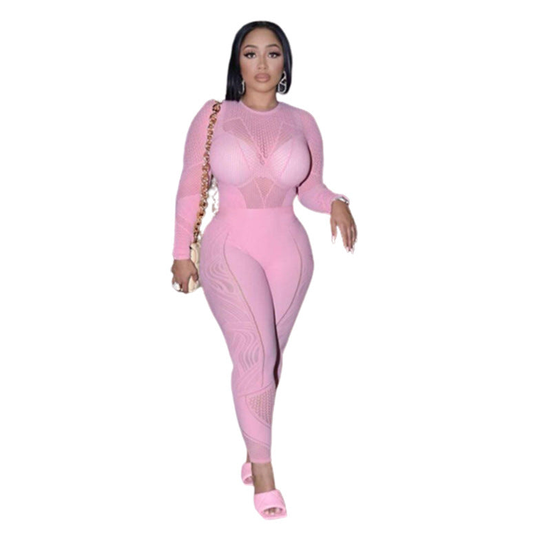 Women's Hollow Jacquard Knitted High Waist Jumpsuit